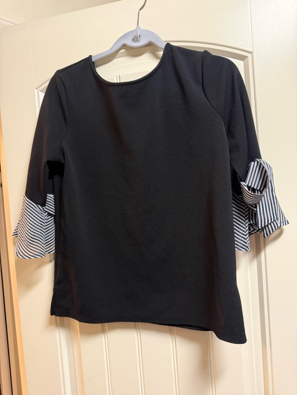 Black Blouse with Striped Ruffle Sleeves